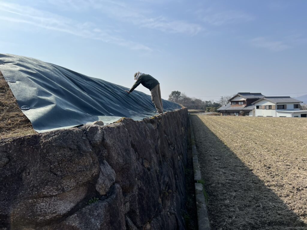 【綾川町ＴＮ様邸】田んぼ法面の防草シート張り、順調です (株)カインズガーデン｜香川県の雑草対策工事，庭仕舞い工事