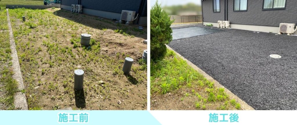 【綾川町Ｕ様邸】正面～裏庭の土の面、雑草撤去し全面雑草対策工事㊗完工 (株)カインズガーデン｜香川県の仕舞い工事