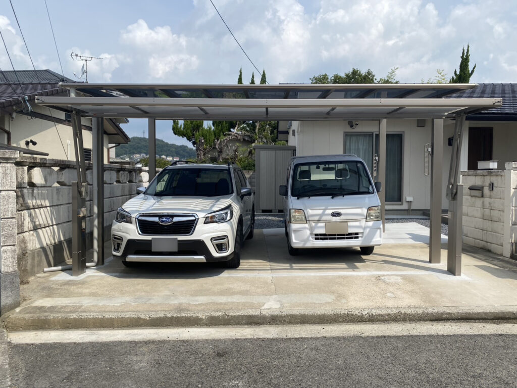【綾川町ＭＩ様邸】風情ある枯山水風雑草対策✨カッコイイ駐車場や物置㊗完工 (株)カインズガーデン｜香川の庭リフォーム工事，庭仕舞い