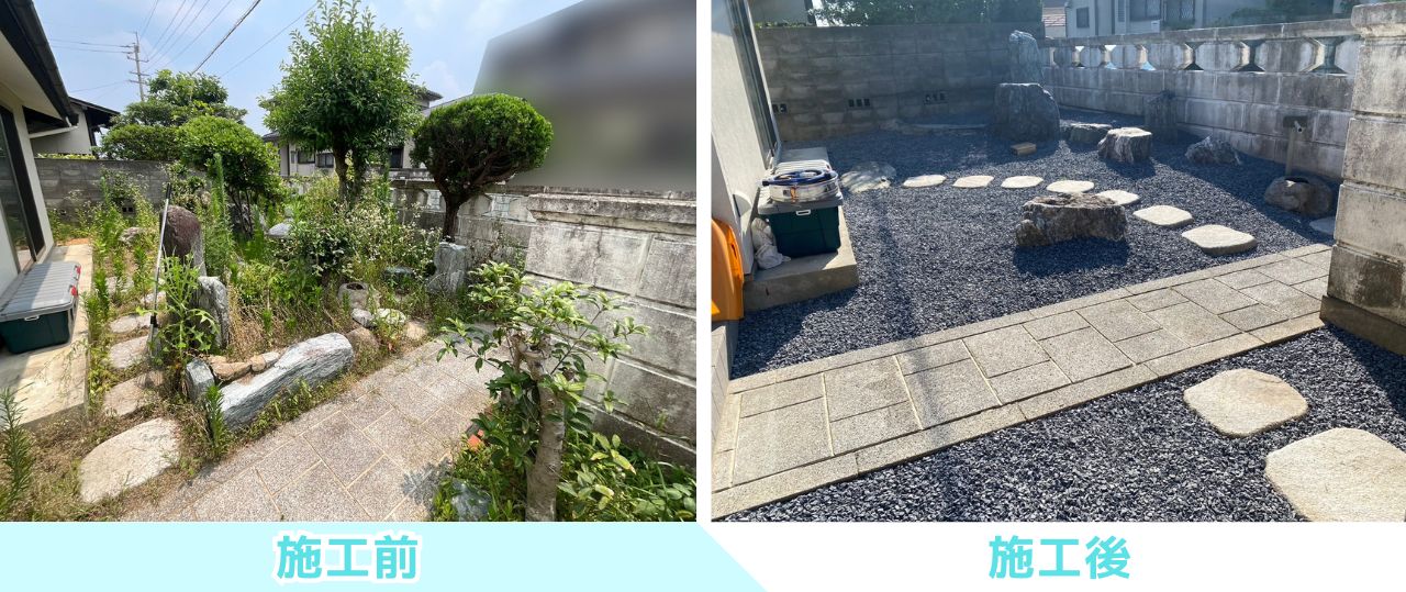 【綾川町ＭＩ様邸】風情ある枯山水風雑草対策✨カッコイイ駐車場や物置㊗完工 (株)カインズガーデン｜香川の庭リフォーム工事，庭仕舞い