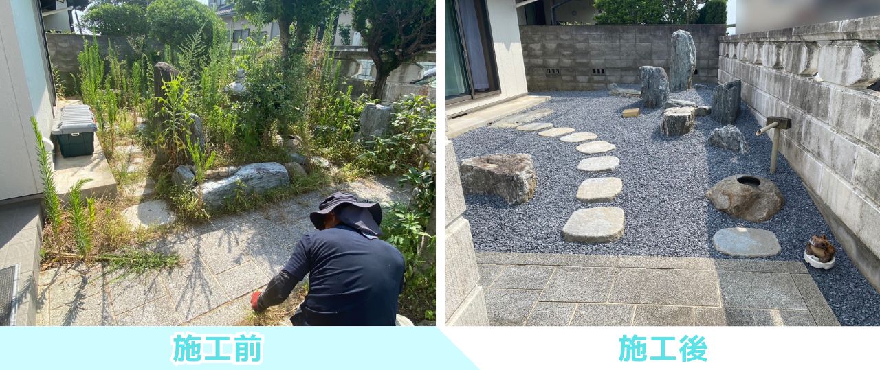 【綾川町ＭＩ様邸】風情ある枯山水風雑草対策✨カッコイイ駐車場や物置㊗完工 (株)カインズガーデン｜香川の庭リフォーム工事，庭仕舞い