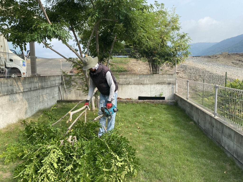 【観音寺市Ｓ様邸】裏庭の庭木撤去・花壇撤去しタクボ物置設置、本日着工⛑ (株)カインズガーデン｜香川県の庭リフォーム工事