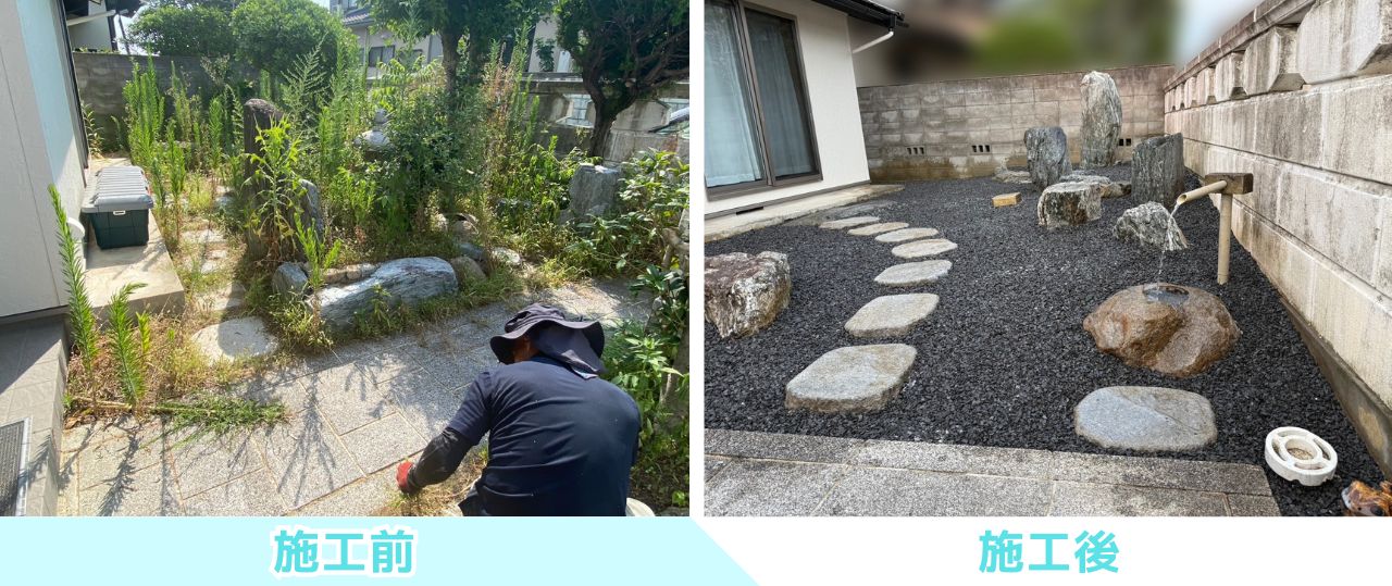 【綾川町ＭＩ様邸】風情ある枯山水風雑草対策✨カッコイイ駐車場や物置㊗完工 (株)カインズガーデン｜香川の庭リフォーム工事，庭仕舞い