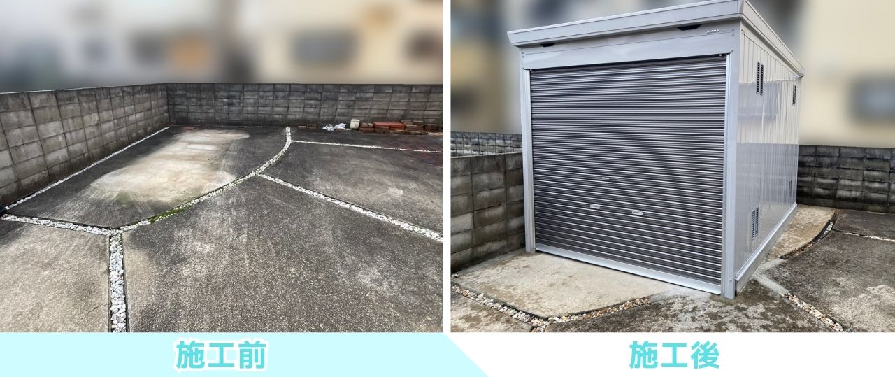 【香川町Ｖ様邸】バイクガレージ工事㊗完工｜間口広々！ハイルーフタイプの格好良いバイク保管庫完成✨ (株)カインズガーデン