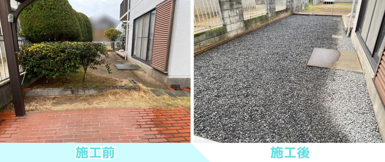 【高松市ＫＵ様邸】雑草対策＆庭仕舞い工事㊗完工｜お庭はコンクリート、裏庭は防草シートと砂利仕上げ (株)カインズガーデン