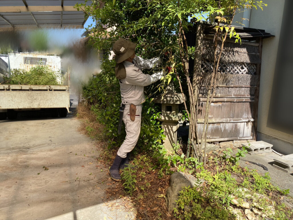 【綾川町Ｋ様邸】雑草対策＆庭仕舞い工事着工⛑｜門扉や玄関周りの庭木植栽撤去，お家周りの雑草撤去 (株)カインズガーデン