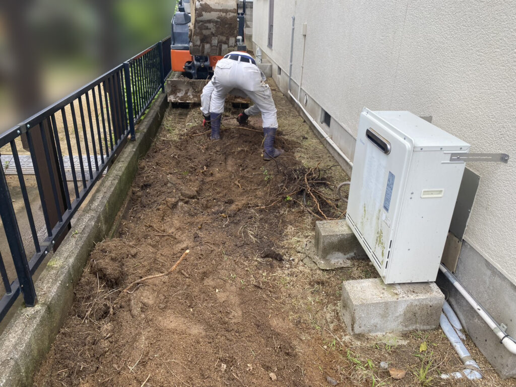 【綾川町Ｋ様邸】雑草対策＆庭仕舞い工事｜鋤取りをしながら、次々出てくる大きな根株も撤去します (株)カインズガーデン